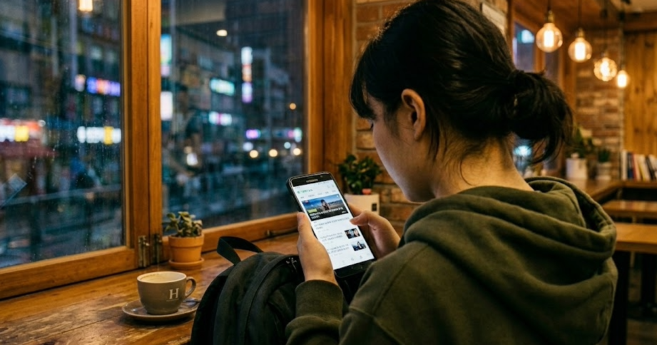 까페에서 스마트폰으로 뉴스를 보고 있는 모습