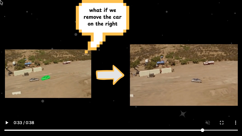 두 차량의 정면충돌 영상에서 한 대를 지우면, 남은 차량이 빈 도로를 자연스럽게 달린다.