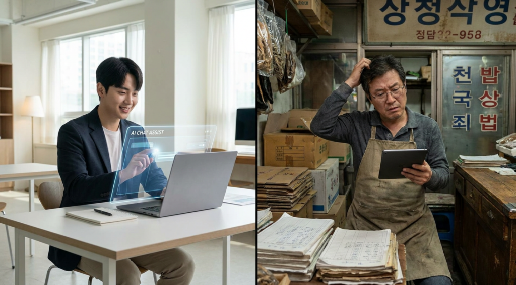 대기업 회의실에서는 'AI 에이전트'가 보고서를 쓰고, 사무직 직장인의 책상 위에서는 챗GPT가 엑셀 함수를 대신 짜준다. 그런데 지하철 두 정거장만 벗어나 골목으로 들어가 보면 풍경이 사뭇 다르다. 7평짜리 분식집 사장님은 여전히 손글씨로 매출 장부를 적고, 옆 미용실 원장님은 예약 손님 명단을 머릿속으로 외운다.