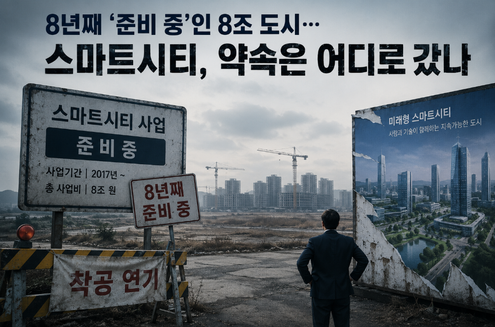 도시가 스스로 생각한다는 약속. 신호등이 차량 흐름을 읽고, 가로등이 미세먼지를 감지하며, 관제 화면 위에서 도시 전체가 살아 숨 쉬는 그림. 정부가 2018년 세종과 부산을 스마트시티 국가시범도시로 지정하며 국민에게 건넨 청사진이었다.