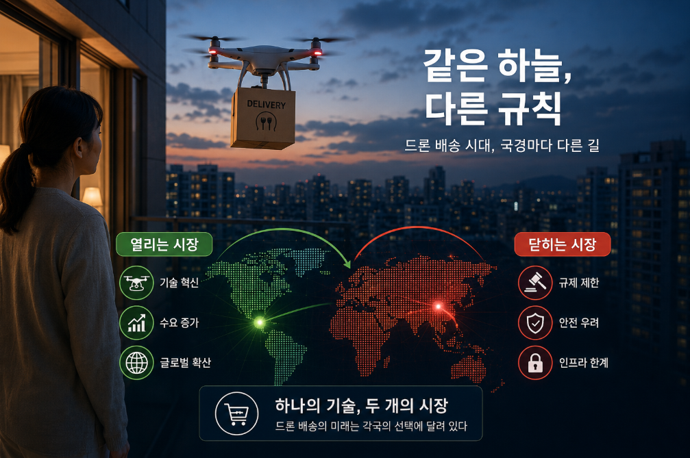 저녁 여덟 시, 아파트 베란다 너머로 낮게 웅웅거리는 소리가 스친다. 고개를 들면 붉은 점 하나가 정지비행 중이다. 트럭도, 오토바이도 아니다. 창가로 내려오는 이 낯선 손님이 방금 저녁거리를 물어왔다.
