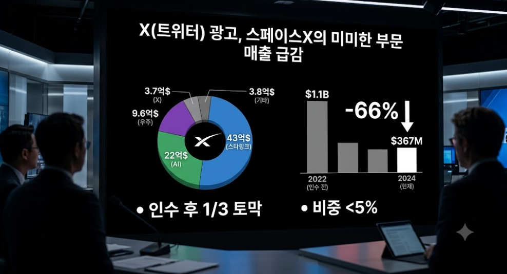소셜 미디어 플랫폼 X의 광고 사업 규모가 일론 머스크의 2022년 인수 이후 급격히 축소된 사실이 실적 공개를 통해 명확히 드러났다.