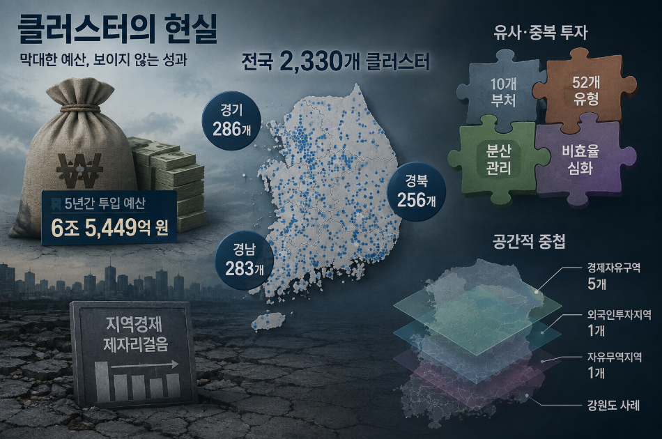 전국 곳곳에 흩어진 2,330개의 클러스터. 지난 5년간 6조 5,449억 원이 투입됐지만, 정작 티는 나지 않는다. 그렇다면 클러스터는 제대로 작동하고 있을까?