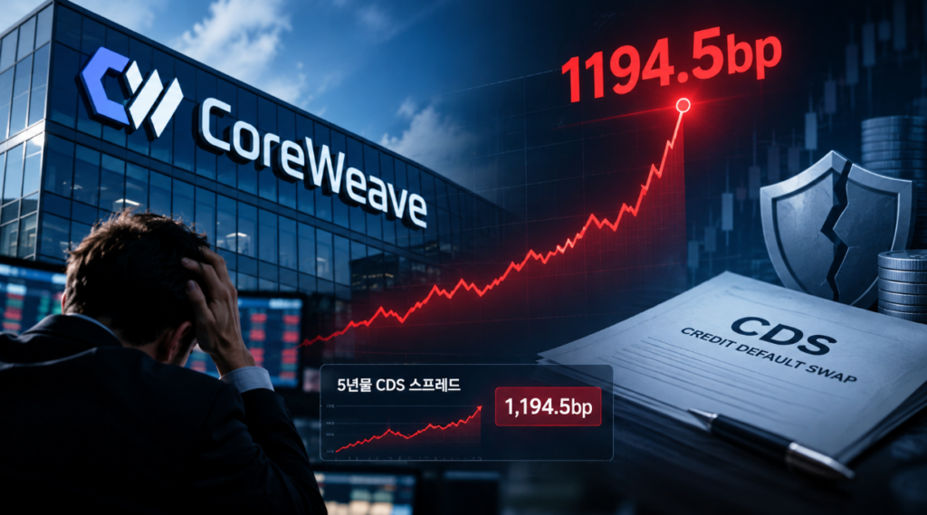10월 15일 코어위브(CoreWeave)의 5년물 신용부도스와프(CDS) 스프레드가 장중 1194.5bp까지 치솟았다. 하루 새 74.5bp가 뛴 사상 최고치다. 블룸버그는 이 수준이 5년 안에 부도가 날 확률을 60% 넘게 반영한다고 계산했다.
